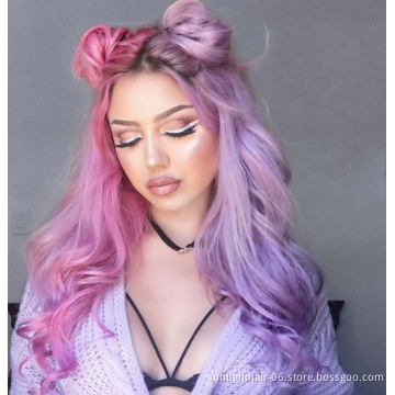 Sunlight body Wavy Half Pink and Half Purple Synthetic Lace Front Wigs for Women Middle Part Cosplay synthetic fiber hair wig